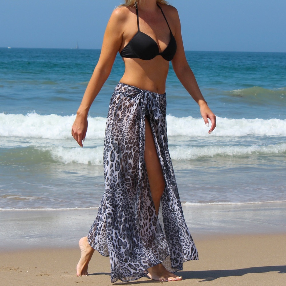 Long Leopard Sarong Beach Cover-Up Grey